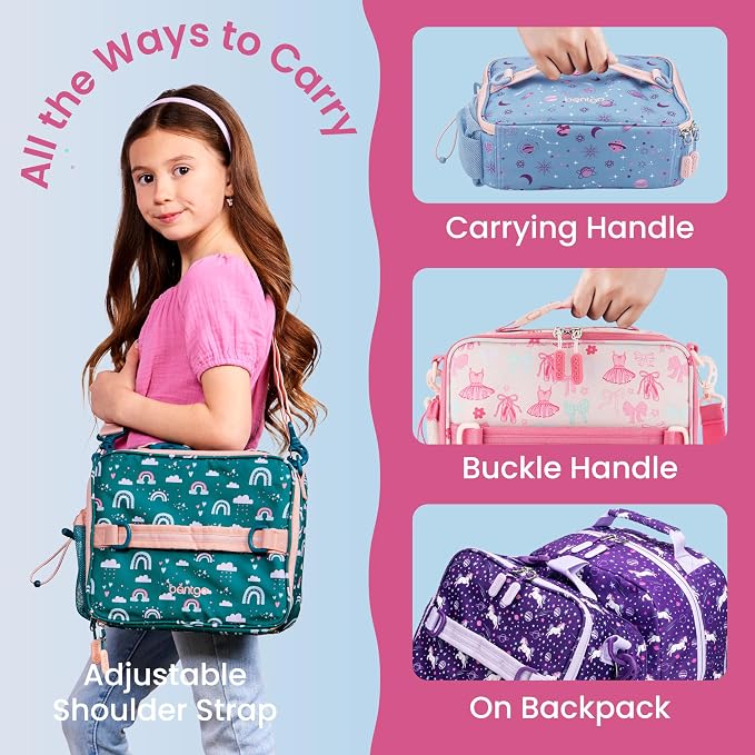 Bentgo Kids Prints Lunch Bag - Double-Insulated, Reusable, for Kids 3+, Adjustable Strap; Holds Lunch Box/Water Bottle/Snacks; Easy-Clean, Water-Resistant, Pockets (NEW Blooming Floral)