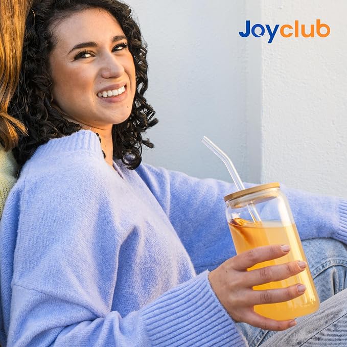 Joyclub 20 Set Glass Cups with Bamboo Lids and Glass Straws 16oz Can Shaped Reusable Iced Coffee Glasses Bulk Set Drinking Jars wholesale for Party Weddings Cafes Boba Shops Gifts DIY