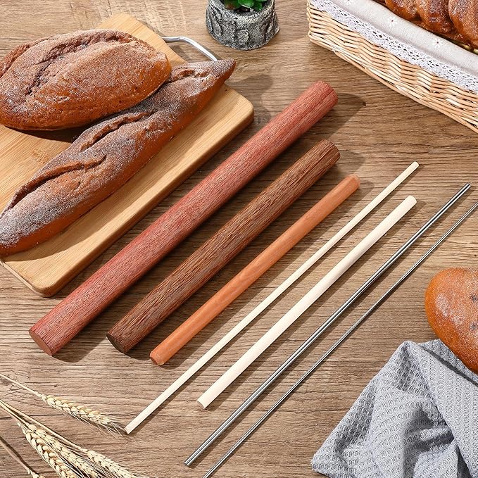 Baderke 7 Pcs Italian Rolling Pins Set Wood and Stainless Steel Pasta Rolling Pin Dough Pasta Roller for Making Wontons, Dumplings, Pastas, Ramen, Udon Noodles, Flat Bread, Tortillas