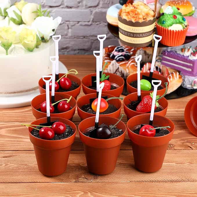 Patelai 50 Pack Flower Pot Dessert Cups with Shovel Spoons Plastic Cake Desserts Cups for Farmers Market Construction Birthday Party Baking Supplies, Ice Cream, Cupcakes, Yogurt, Pudding