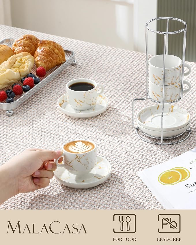 MALACASA 2.5 OZ Porcelain Espresso Cups with Saucers and Metal Stand Set of 4, Stackable Cappuccino Cups, Marble White Expresso Shots Cup Set for Coffee Drinks, Latte, Tea