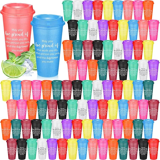 Skylety 96 Pcs Appreciation Tumblers Gifts Bulk 16 oz Thank You Teacher Employee Plastic Coffee Cups with Lids Colorful Reusable Inspirational Tumblers for Coworker Staff Christmas