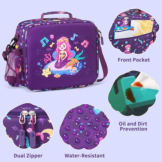 rockpapa Kids Lunch Box Set with 14oz Insulated Water Bottle & Lunch Bag, Leakproof 5.5 Cups Bento Box for School & Children, BPA-Free, Microwave Safe for Boys Girls (Purple Mermaid)