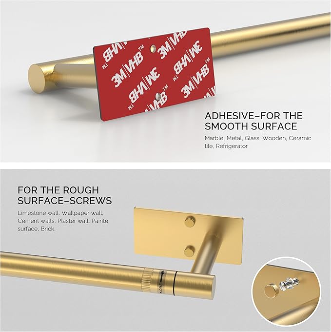 Paper Towel Holder Under Cabinet, Self Adhesive or Wall Mounted SUS304 Stainless Steel Paper Towel Holder for Kitchen, Bathroom, Farmhouse, Barbecue and Laundry (Brushed Gold)