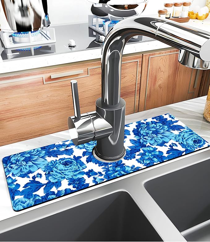 Kitchen Sink Splash Guard Faucet Mat Super Absorbent Fast Drying Mat Sink Gadgets Splash Guard Behind Faucet Drip Catcher for Kitchen (Blue Flowers, 15x5.5in)