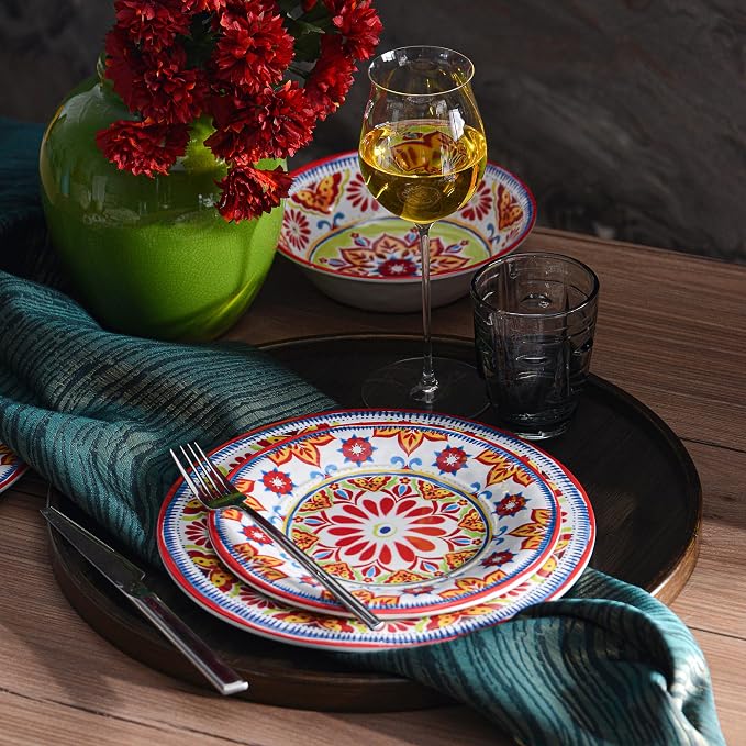 Premium Melamine Dinnerware Sets for 4, 12-Piece Plates and Bowls Sets, Shatterproof & Lightweight Dish Set for Indoor and Outdoor Use, Dishwasher Safe, Red