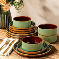 GBHOME Stoneware Dinnerware Sets for 4, 12 Pieces Lightweight Ceramic Ribbed Plates and Bowls Set, Reactive Glaze Stackable Plate Sets,Scratch Resistant Dishes,Microwave & Dishwasher Safe,Maroon Olive