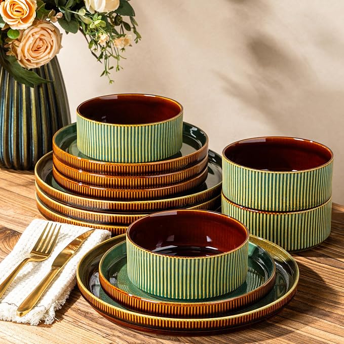 GBHOME Stoneware Dinnerware Sets for 4, 12 Pieces Lightweight Ceramic Ribbed Plates and Bowls Set, Reactive Glaze Stackable Plate Sets,Scratch Resistant Dishes,Microwave & Dishwasher Safe,Maroon Olive