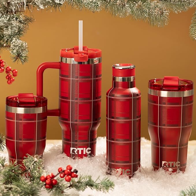 RTIC 30 oz Road Trip Tumbler Double-Walled Ceramic Lined InsulatedStainless Steel Portable Travel Coffee Mug Cup with Lid, Handle and Straw, Red Plaid