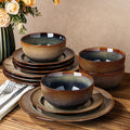 TheTerra Stoneware Dinnerware Sets for 4, 12 Pieces Ceramic Plates and Bowls Sets, Scratch Resistant Embossed Dish Set, Oven, Microwave & Dishwasher Safe, Coca Mocha