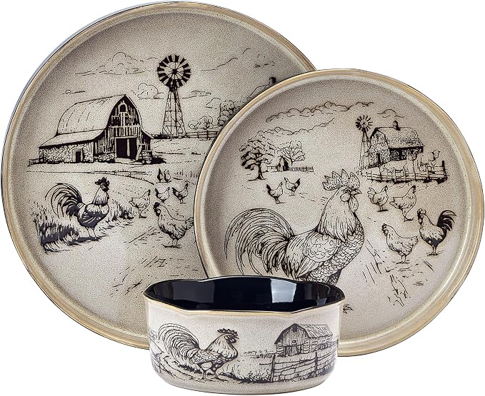 Pfaltzgraff Farmyard Rooster 12 Piece Farmhouse Style Dinnerware Set, Service for 4, Plate Bowl with High Rims, Rustic Design, Brown Black