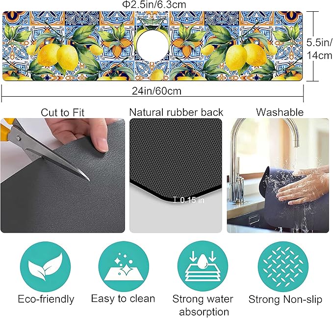 Kitchen Sink Splash Guard Faucet Mat Super Absorbent Fast Drying Mat Sink Gadgets Splash Guard Behind Faucet Drip Catcher for Kitchen (Lemon, 23.5x5.5in)