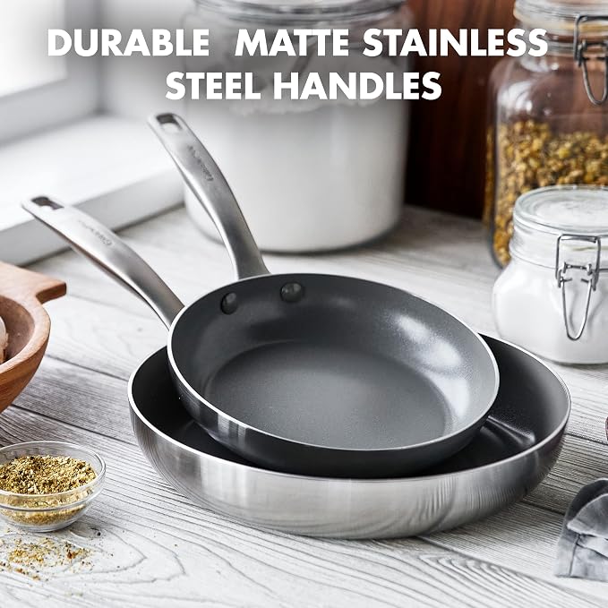 GreenPan Chatham Tri-Ply Stainless Steel Healthy Ceramic Nonstick 8" and 10" Frying Pan Skillet 2-Piece Set, PFAS-Free, Multi Clad, Induction, Dishwasher Safe, Oven Safe, Silver