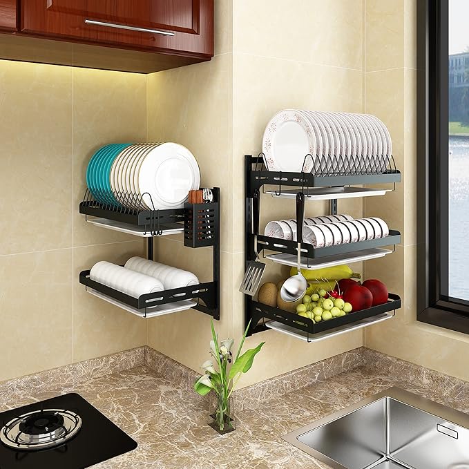Wall Mounted Stainless Steel Dish Drying Rack Fruit Vegetable Storage Basket with Drainboard and Hanging Chopsticks Cage Knife Holder Kitchen Supplies Shelf Utensils Organizer (3-Tier)