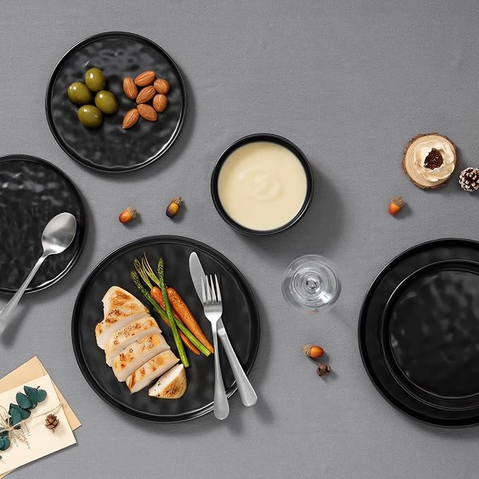E-far 24-Piece Black Plates and Bowls Sets with Pasta Bowls - Stoneware Dinnerware Set for 6, Modern Ribbed Matte Black Kitchen Dishes, Microwave & Dishwasher Safe