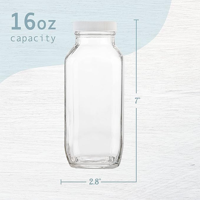 kitchentoolz 16oz Square Glass Milk Bottle with Lid - Glass Jars with Airtight Lid used for Milk Container, Yogurt, Smoothies, Juice, Kefir, & Water -2 Pack 16 oz Glass Bottles with Lids