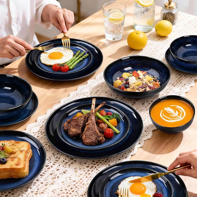 Porcelain Plates and Bowls Set for 4, 16 Pcs Ceramic Blue Reactive Glaze Dinnerware Set with Pasta Bowls, Kitchen Dish Set with Double Bowls, Microwave and Dishwasher Safe