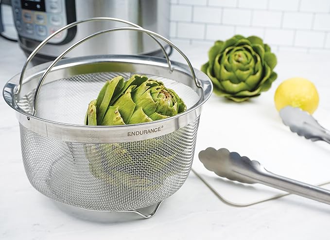 RSVP International Mesh Colander Strainer Basket with Folding Handles, 3 Quarts | For Pasta, Frying, & Salads | Dishwasher Safe | Use in Pressure Cookers | Steaming, Draining & Rinsing