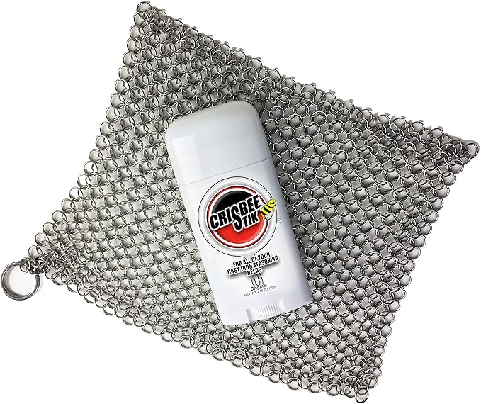 Crisbee Cast Iron Cleaner Combo - Crisbee Stik® & Chain Mail Scrubber - Maintain a Cleaner Non-Stick Skillet - Perfect for Cast Iron and Carbon Steel Cookware