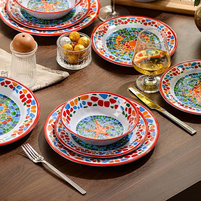 Melamine Dinnerware Sets for 4,Unbreakable Coastal Red Dishes | Reusable Plates and Bowls Sets, Chip Resistant Dinnerware Set for Camping, Lightweight Dishes with Nautical Ocean