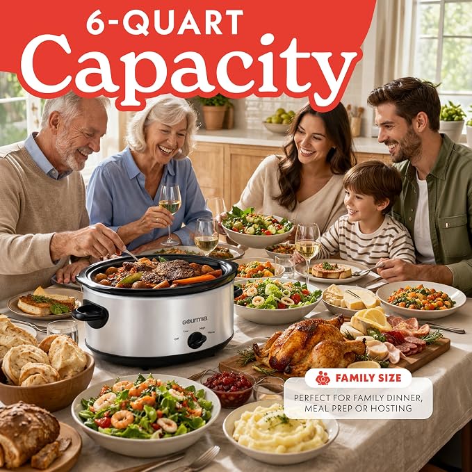 Gourmia Slow Cooker - 6 Quart Removable Ceramic Pot, Manual Controls with 3 Temperature Settings, Dishwasher Safe Crock and Glass Lid, White