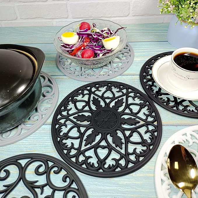 Silicone Trivets for Hot Dishes Modern, Trivets for Hot Pots and Pans, Silicone Hot Pads for Kitchen, Round Pot Holders 6 Pack Black, Multi-Use Intricately Carved Mats