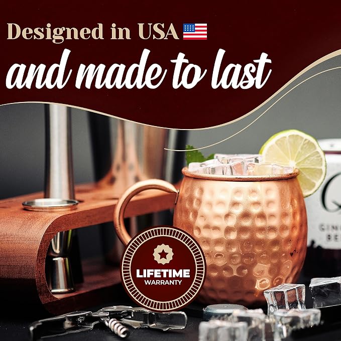 Copper Moscow Mule Mugs Set of 4 with Straws, Jigger & Coasters | Hammered Copper Cocktail Cups with Food-Safe Lacquer Coating (Interior & Exterior) | Lab Tested, 1-Year Warranty Gift Set