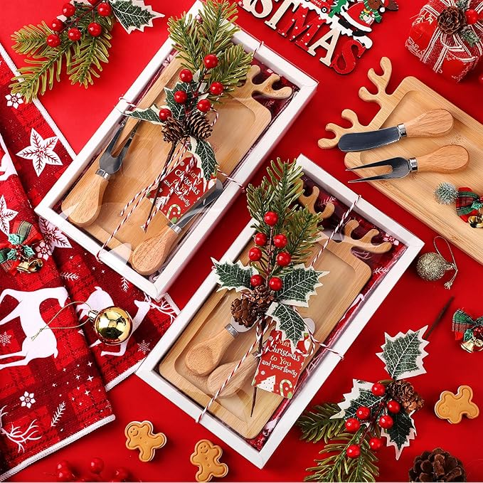 LemonRoad 12 Set Christmas Cutting Board Gift Christmas Reindeer Cutting Board with Knives Forks Kitchen Towels Merry Gift Tags Charcuterie Boards Bamboo Serving Tray for Xmas Birthday Party Favors