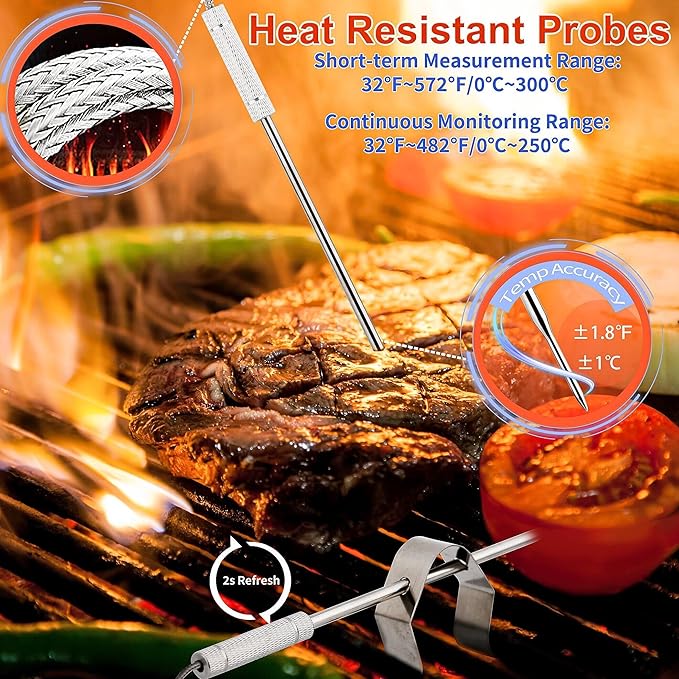 DIGITEN Bluetooth Grilling Thermometer Wireless Meat Thermometer with 4 Probes BBQ Thermometer Smoker Thermometer Instant Read Thermometer Smart Rechargeable Food Thermometer