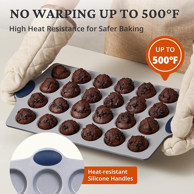 BRONYPRO 2-Pack 12 Cup and Mini 24 Cup Non Toxic Nonstick Ceramic Muffin Pan & Cupcake Tin, PFOA & PTFE Free, Heavy Duty Rust-Resistant Aluminized Steel, Oven Safe, Blue
