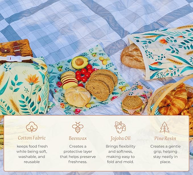 Beeswax Bread Bag for Homemade Bread & Beeswax Wrap Set, 2 XL Sourdough Bread Bags + 2 Beeswax Wraps for Food | Keep Bread Fresh, Breathable, Reusable & Less Waste Storage for Home Bakers | Beeswax Bread Bag