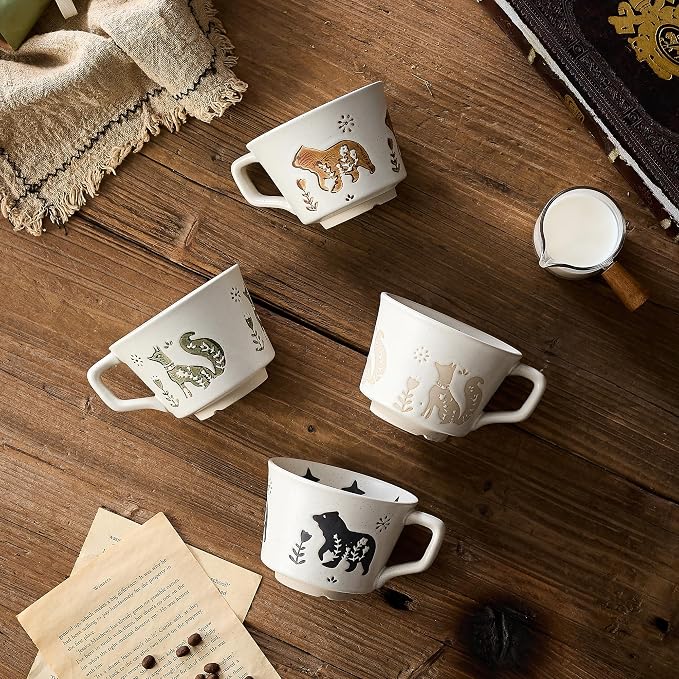 12 oz Vintage Ceramic Coffee Mug Set of 4 - Handmade Stoneware Pottery Countryside Farmhouse Fall Autumn Tea Mugs with Big Handle for Latte,Cocoa,Dishwasher & Microwave Safe Cups (Animals)