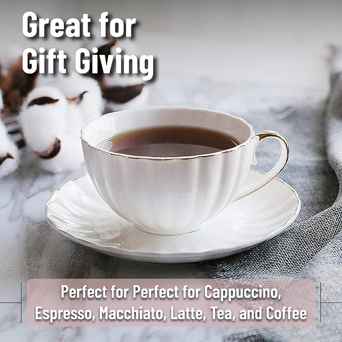 BTaT- Cappuccino Cups with Saucers 7 oz, Set of 12, White Porcelain Coffee Cup and Saucer Set for Latte with Golden Trim Design, Dishwasher Safe, Mocha, Tea, Au Lait, Flat White