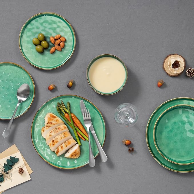 E-far 24-Piece Plates and Bowls Sets with Pasta Bowls - Stoneware Dinnerware Set for 6, Modern Ribbed Dishes, Microwave & Dishwasher Safe, Reactive Green