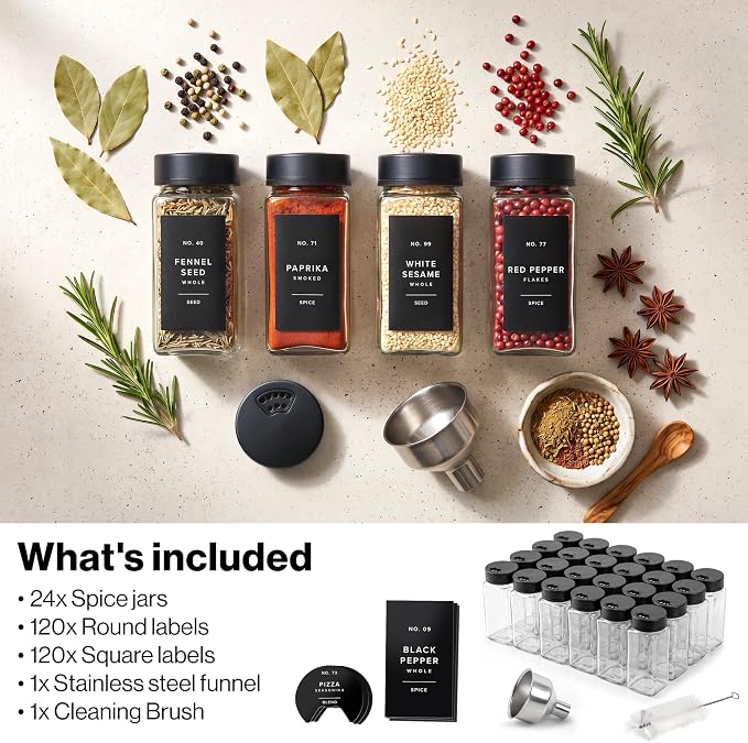 EDELHAUS Glass Spice Jars with Label and Black Rotating Lids (24 x 4oz) Spice Containers with 240 Labels, Shaker Inserts, Steel Funnel, Empty Square Containers