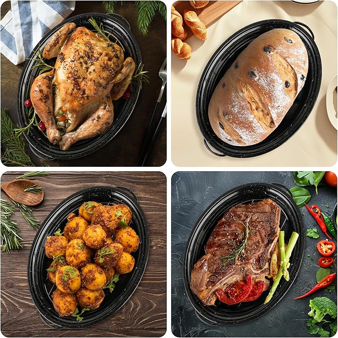 15” Roaster Pan with Lid and Rack, Small Enamel Roaster Pan with Oval Roasting Rack, Granite Baking Pot for Chicken Turkey Lamb, Heat Resistant, Oven/Dishwasher/All Stovestops Compatible
