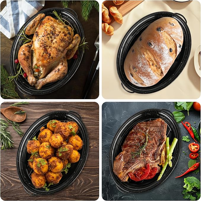 18” Roaster Pan with Lid and Rack, Large Enamel Roaster Pan with Oval Roasting Rack, Granite Baking Pot for Chicken Turkey Lamb, Heat Resistant, Oven/Dishwasher/All Stovestops Compatible