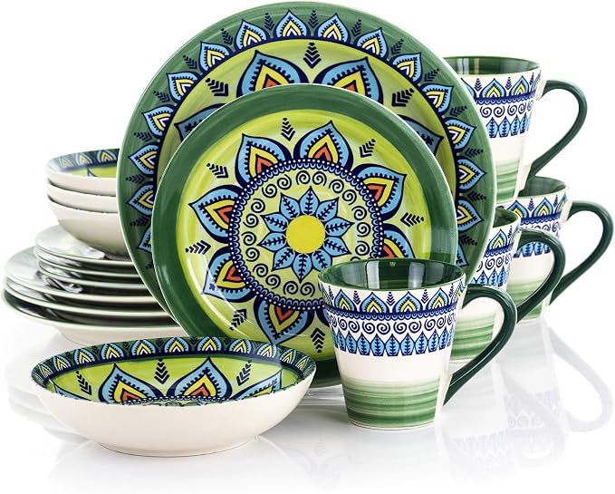 Elama Zen Green Mozaik 16 Piece Luxurious Stoneware Dinnerware with Complete Setting for 4, 16pc