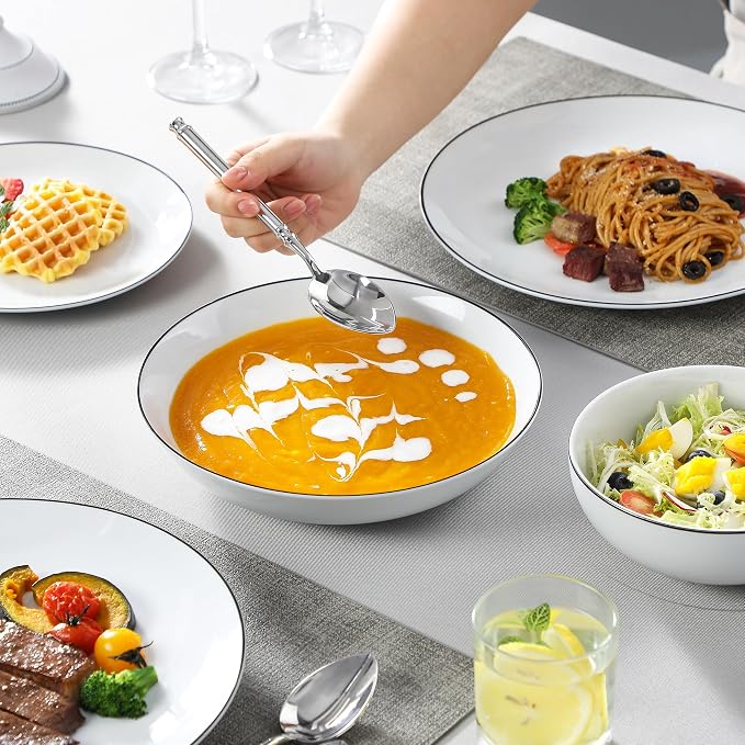 MALACASA 24-Piece Gourmet Porcelain Dinnerware Sets, Modern White with Black Rim Round Dish Set for 6 - Premium Serving Plates and Bowls Sets for Dessert, Salad, Soup, Pasta - Series AMELIA