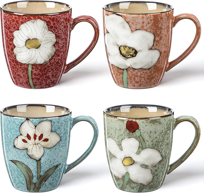 Maxdot 4 Pcs 12oz Ceramic Coffee Mugs Sets Glazing Process Cappuccino Mug Floral Ceramic Tea Cups Idea Gift Set for Women Porcelain Cup for Coffee, Cocoa, Tea, Latte (Retro) (Classic)