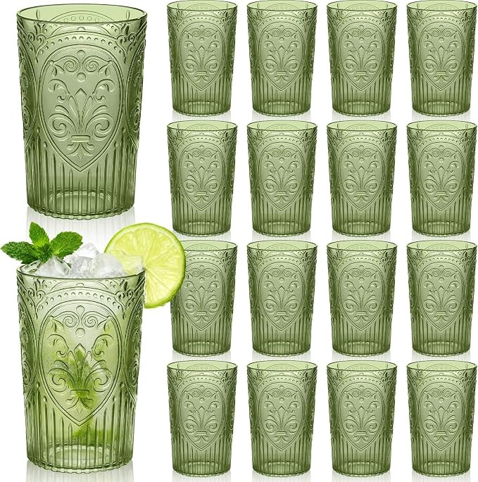 24 Pcs 16 oz Plastic Vintage Drinking Glasses Stemless Ribbed Highball Glasses Bulk Embossed Reusable Cup for Water Beer Cocktails Juice Wedding Bridal Shower Birthday Event Party (Green)