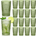 24 Pcs 16 oz Plastic Vintage Drinking Glasses Stemless Ribbed Highball Glasses Bulk Embossed Reusable Cup for Water Beer Cocktails Juice Wedding Bridal Shower Birthday Event Party (Green)
