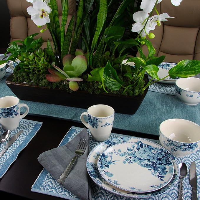 Elama Traditional Blue Rose 16 Piece Service for 4 Stoneware Dinnerware Set