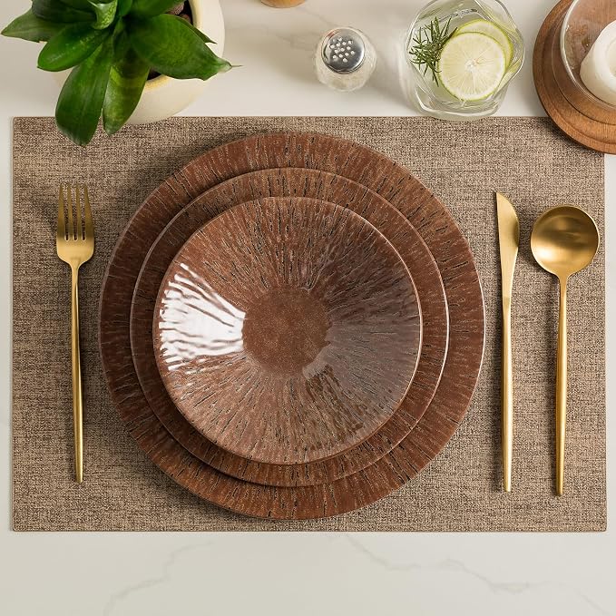 MissYIP 12 Pcs Unbreakable Dinnerware Set - Service for 4, Dishwasher Safe Plates and Bowls - Ideal for Party, Camping, Indoor & Outdoor Use (Brown)