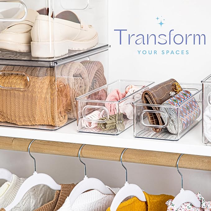 Plastic Food Storage 8 Pack Clear Container Bin with Handles for Organizing Kitchen, Pantry, Fridge, Freezer, Pantry,Bathroom. 10"x4"3"