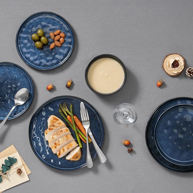 E-far 16-Piece Plates and Bowls Sets with Pasta Bowls - Stoneware Dinnerware Set for 4, Modern Ribbed Dishes, Microwave & Dishwasher Safe, Starry Blue