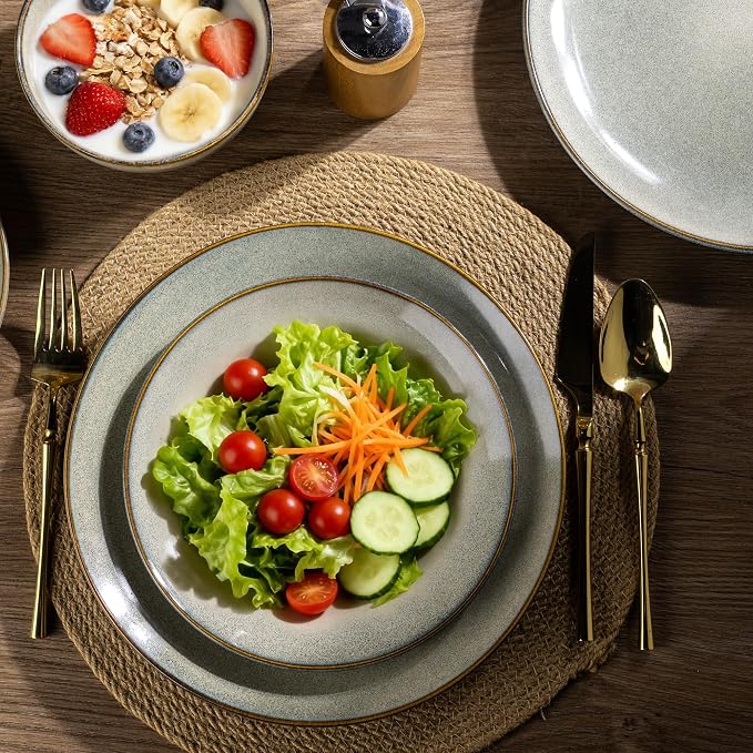 GBHOME 24 Pieces Double Bowls Dinnerware Sets for 6, Stoneware Plates and Bowls Set with Reactive Glaze, Scratch Resistant Stoneware Dishes Set, Dishwasher & Microwave Safe