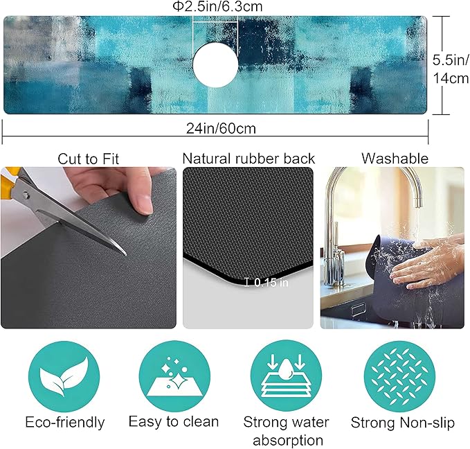 Kitchen Sink Splash Guard Faucet Mat Super Absorbent Fast Drying Mat Sink Gadgets Splash Guard Behind Faucet Drip Catcher for Kitchen (Blue, 23.5x5.5in)