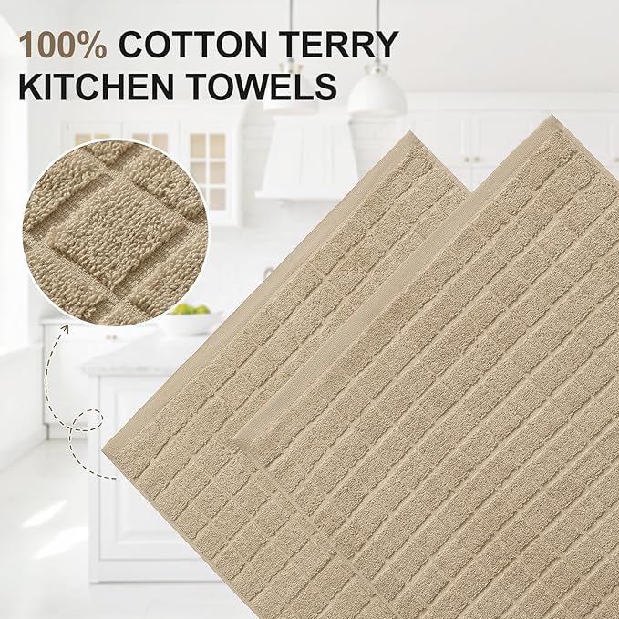 Homaxy Premium Cotton Kitchen Towels 16"x 28", Large Natural Ring Spun 390 GSM Dish Towels, Super Absorbent Terry Kitchen Hand Towels, Soft Tea Towels with Hanging Loop, Pure Tan Check Design, 4 Pack