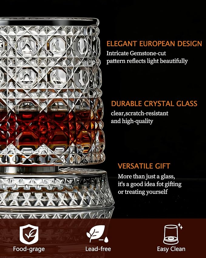 CEEFU Old Fashioned Whiskey Glasses with 360° Rotating Base, Set of 2 (2 Crystal Glasses Set, 2 Big Ice Ball Molds) In Gift Box - Bourbon, Cocktail, Rocks, Bday Gifts Ideas for Men, Gem Pattern